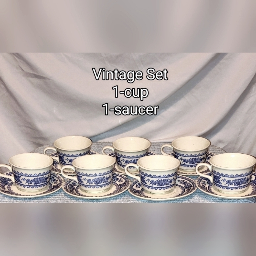 Royal USA Hampshire Blue & White Vintage Ironstone Tea Cup & Saucer